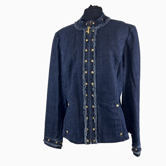 VTG St John Sport Classic Chic Preppy Denim Jacket Frayed Trim & Gold Details L - Picture 2 of 16